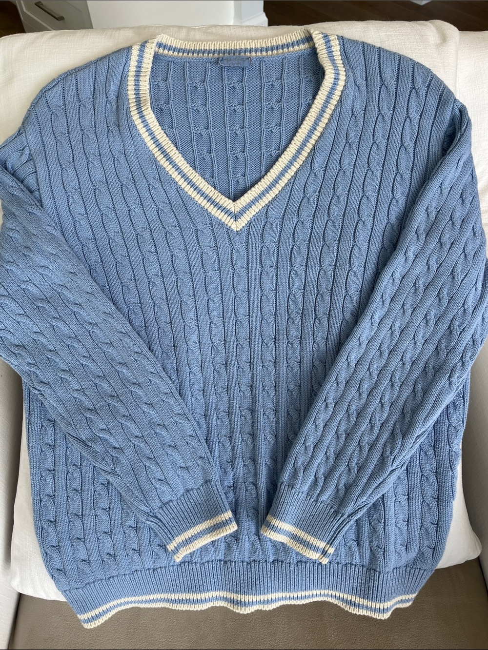 Cable Knit V-Neck Sweater - Light Blue with Cream Trim